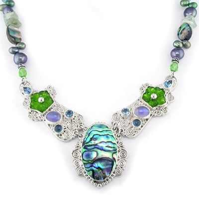 Paua Shell and Pearl Designer Necklace with Green Crystal Carved Flowers, Blue Topaz and Titanium Backed Moonstone