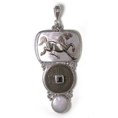 Gray Mother of Pearl Horse Pendant with Chinese Coin, Freshwater Pearl and Garnet