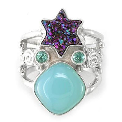 Caribbean Druzy Star Ring with Apatite and Ocean Blue Chalceony 