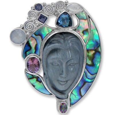 Fiber Goddess Pin-Pendant with Paua Shell & Gemstones
