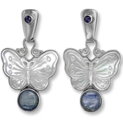 Mother of Pearl Butterfly, Kyanite and Iolite Post Earrings