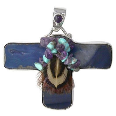 Blue Dyed Agate Eagle Fetish, Amethyst & Turquoise Pendant