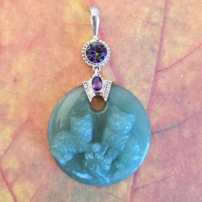 Aventurine Kittens Pendant with Mystic Topaz and Amethyst