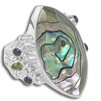 Abalone Shell Ring with Peridot and Amethyst 