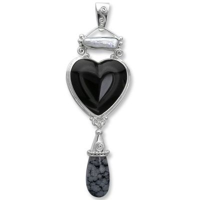 Rainbow Obsidian Heart, Snowflake Obsidian & White Pearl Pendant