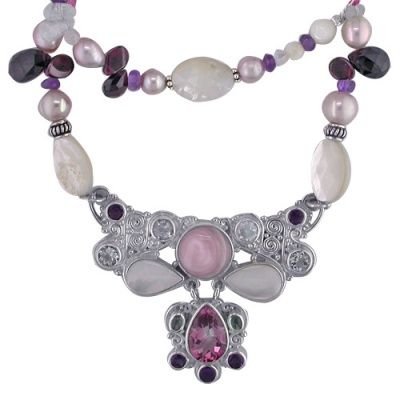 Pink Mother of Pearl, Pink Topaz and Amethyst Multi Gemstone Necklace 