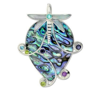 Paua Shell Pin-Pendant with Mother of Pearl Dragonfly, Topaz, Apatite, Iolite, Peridot and Amethyst
