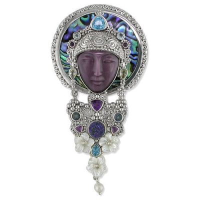 Purple Fiber Optic and Paua Shell Goddess Pin Pendant