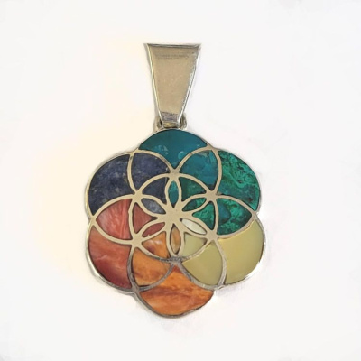 Multi Gemstone Peruvian Rainbow "Sacred Flower of Life" Pendant