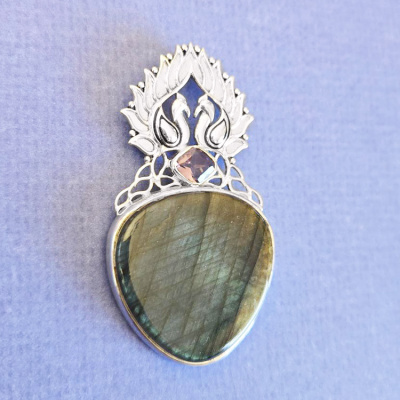 One of a Kind Sterling Silver Peacock Pendant with Labradorite and Amethyst