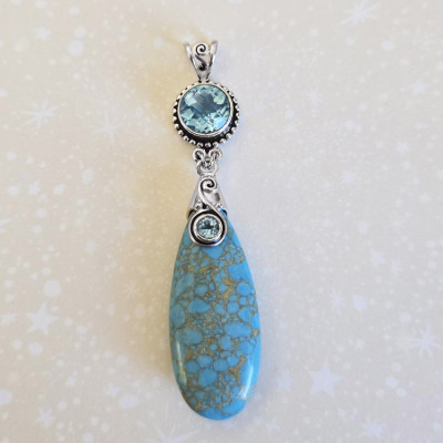 One of a Kind Compressed Turquoise Drop Pendant with Blue Topaz