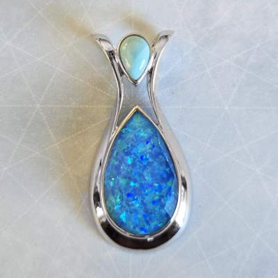 One of a Kind Blue Green Created Opal Backed Quartz Pendant with Larimar