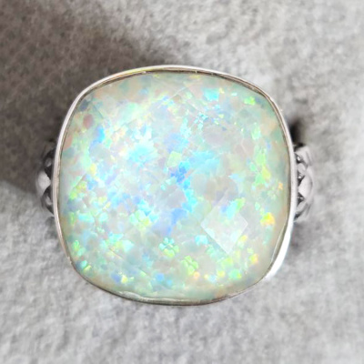One of a Kind Snowy Created Opal Backed Quartz Ring (20mm) Size 7