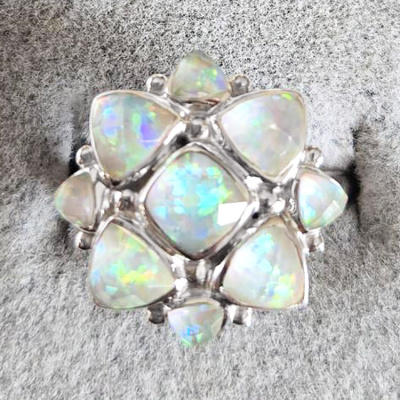 One of a Kind Snowy Created Opal Backed Quartz Ring Size 8