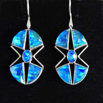 One of a Kind Pacific Blue Created Opal Backed Quartz Star Earrings