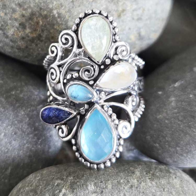 Mother of Pearl Backed Quartz Multi Gemstone Ring Size 8