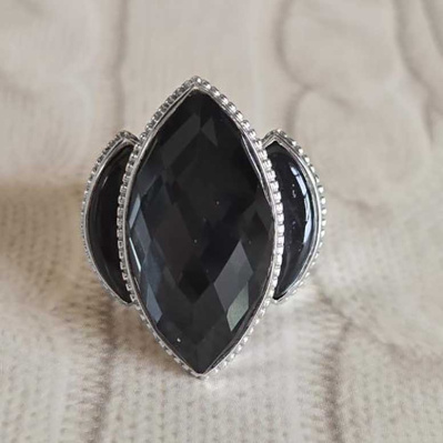 Triple Black Diamond Quartz Ring Size 6.5
