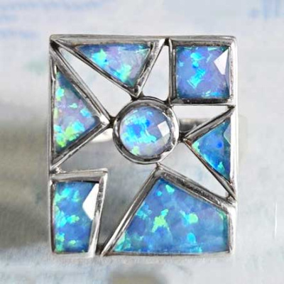 One of a Kind Pacific Blue Opal Quartz Rectangle Star Ring Size 8