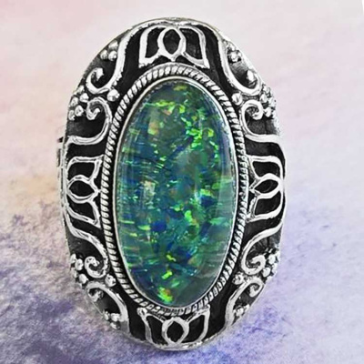 Large Oval Cabochon Green Blue Created Opal Ring Size 8