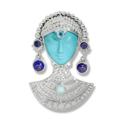 Turquoise Goddess Pin-Pendant with Larimar, Lapis, Topaz & Iolite