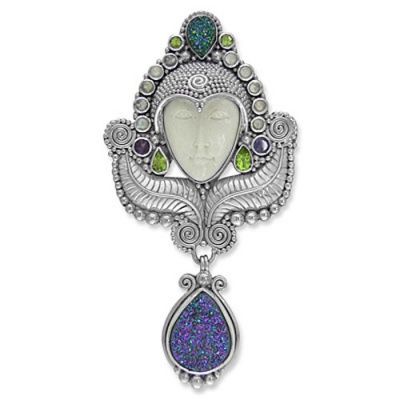 Multi-Gemstone Druzy Goddess Silver Pin Pendant with Moonstone