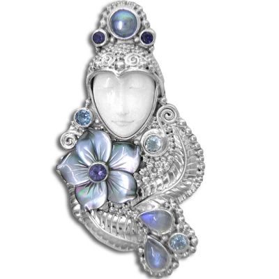 Goddess Pin-Pendant with Black Mother of Pearl Flower, Grey Pearl, Iolite, Rainbow Moonstone and Blue Topaz