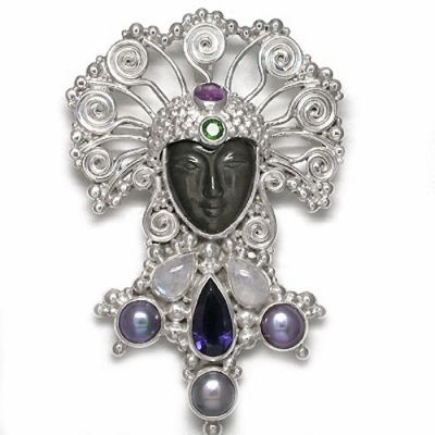 Rainbow Obsidian Goddess Pin-Pendant with Iolite, Chrome Diopside, Rainbow Moonstone & Gray Pearll