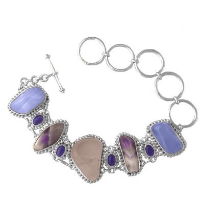 Rose Quartz, Amethyst, and Blue Chalcedony Bracelet