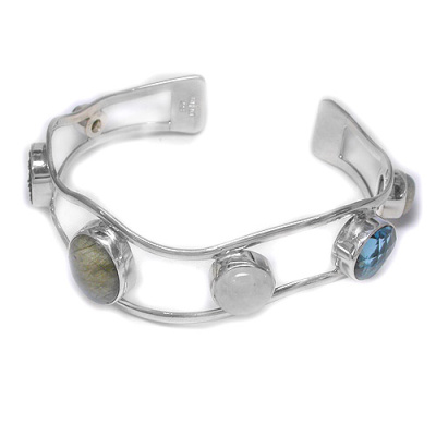 Sterling Silver Labradorite, London Blue Quartz, Caribbean Druzy, Rainbow Moonstone & Iolite Bracelet