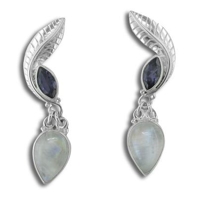 Sterling Silver Leaf Earrings with Iolite and Rainbow Moonstone