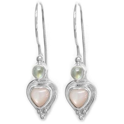 Pink Mother of Pearl Heart and Rainbow Moonstone Latchback Earrings