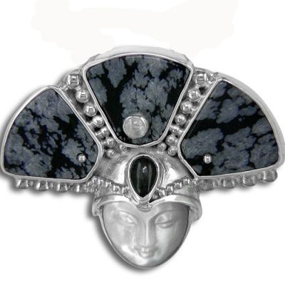 Mother of Pearl Goddess Pin-Pendant with  Snowflake Obsidian, Rainbow Moonstone & Black Star