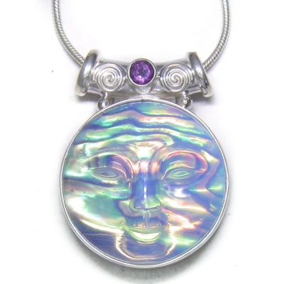 Opalite Goddess Backed in Paua Shell Pendant with Amethyst