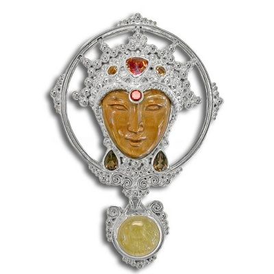 Tiger Eye Goddess Pin-Pendant with Rutilated Quartz, Mango Topaz, Citrine, Garnet and Smoky Topaz