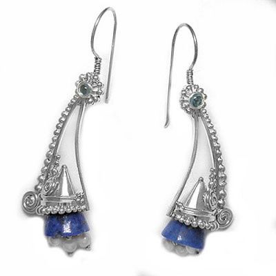 Lapis Bell Earrings with Apatite and Pearl