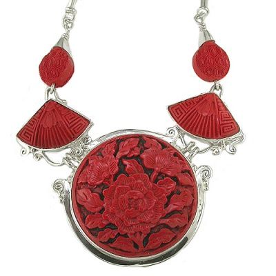 Sterling Silver Black and Red Cinnabar Rose Necklace