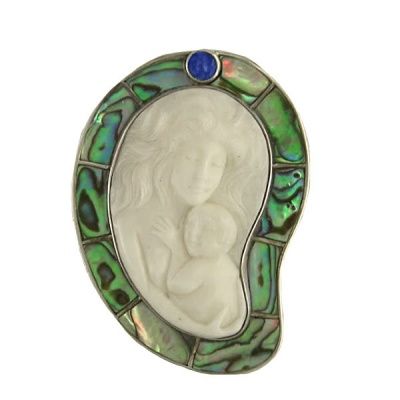 Carved Mother with Child and Paua Shell Pin Pendant