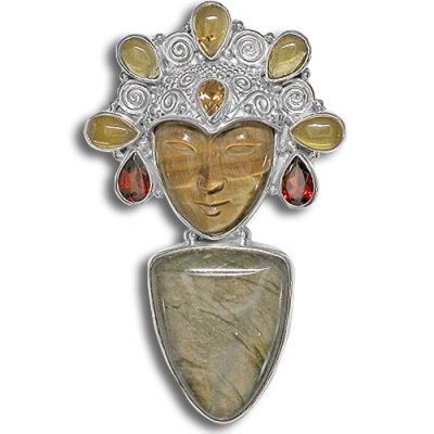Tiger Eye Goddess Pin-Pendant with Labradorite, Amber, Citrine, and Garnet