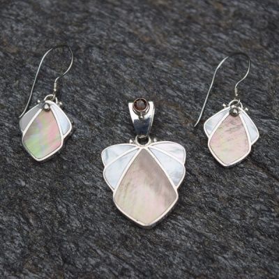 Iinlaid Brown and White Mother of Pearl Pendant and Earring Set