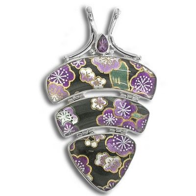 Sterling Japanese Painting with Amethyst  Pendant