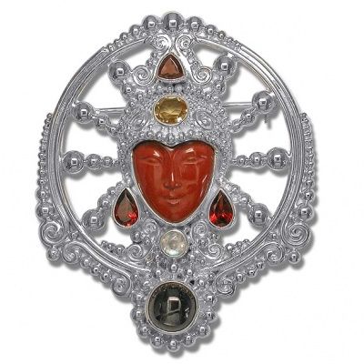 Red Jasper Goddess Pin-Pendant with Garnet, Black Star, Rainbow Moonstone & Citrine