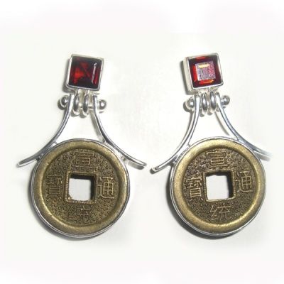 Chinese Coin and Garnet Post Earrings