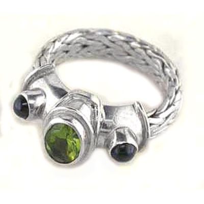 Peridot & Black Star Diopside Ring with Hand Woven Sterling Silver Band