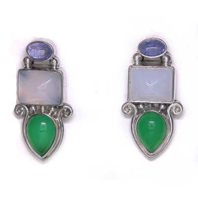 Blue Chalcedony, Chrysoprase, and Tanzanite Post Earrinng
