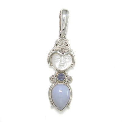 Mother of Pearl Goddess Pendant with Blue Chalcedony and Tanzanite