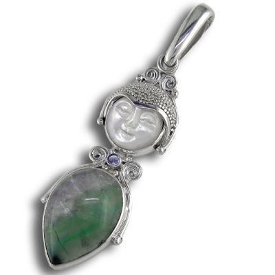 Mother of Pearl Goddess Pendant with Fluorite and Tanzanite