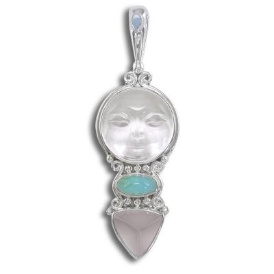 Crystal Moon Faced Goddess Pendant with Perivian Opal, Rose Quartz and Opal 