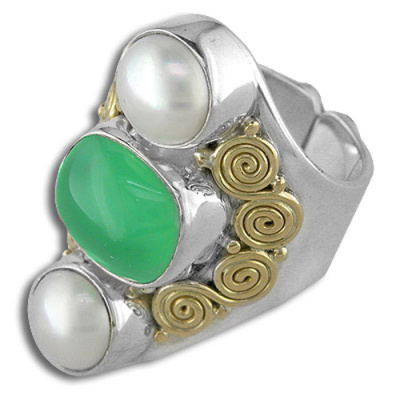 Chrysoprase and Pearl Silver and Gold Ring
