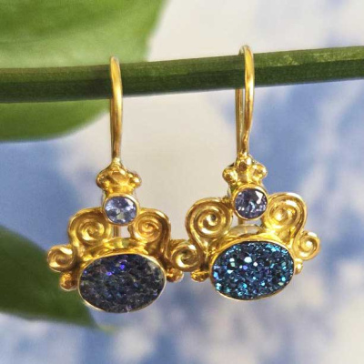 18K GOLD Titanium Druzy and Tanzanite Latchback Earrings
