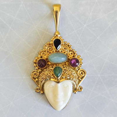 18K GOLD Goddess Pendant with Sapphire, Blue Opal, Emerald and Ruby